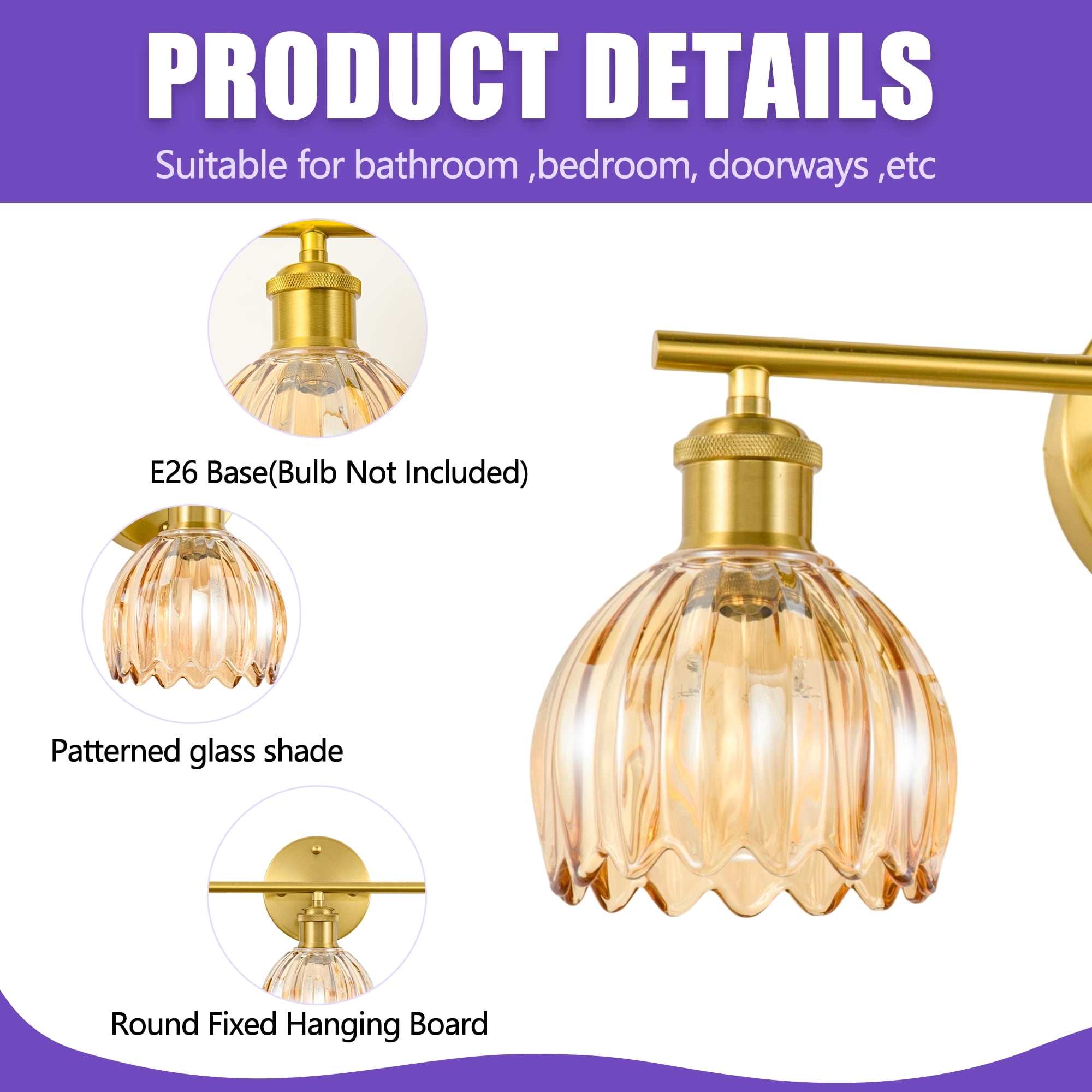 GCGAFUL Modern Gold Bathroom Vanity Light Fixtures, 26 in. 4-Light Bathroom Lights Fixtures Over Mirror with Amber Tulip Glass Shade