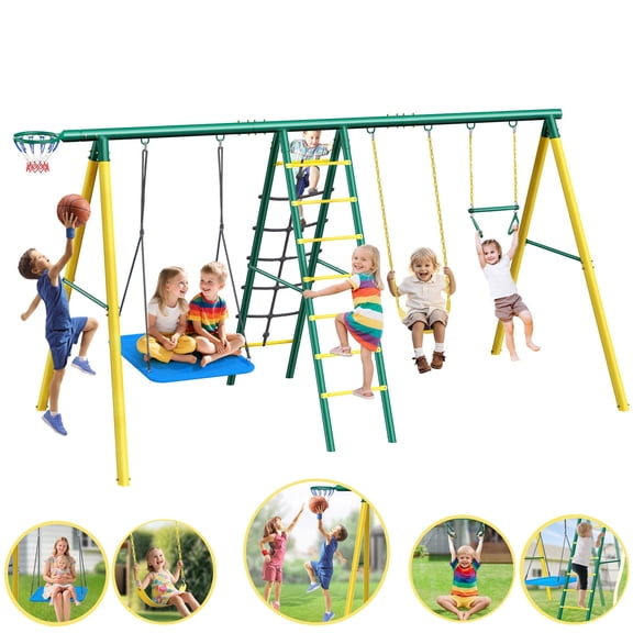 Easoger Swing Sets for Outside,Heavy-Duty Outdoor Kids Playsets for Playground,Outside Toys with 2 Swings,Trapeze Bar and Basketball Hoop for Aged 3-12