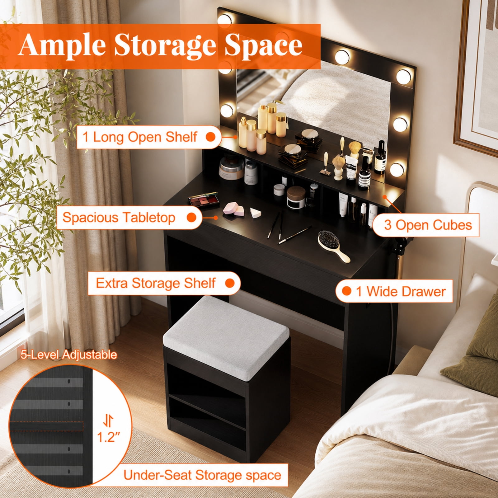 Furnibear Vanity Table Set with Lighted Mirror and Cushion Stool for Bedroom Makeup Dressing Room Vanity Desk Mirror Set, Black