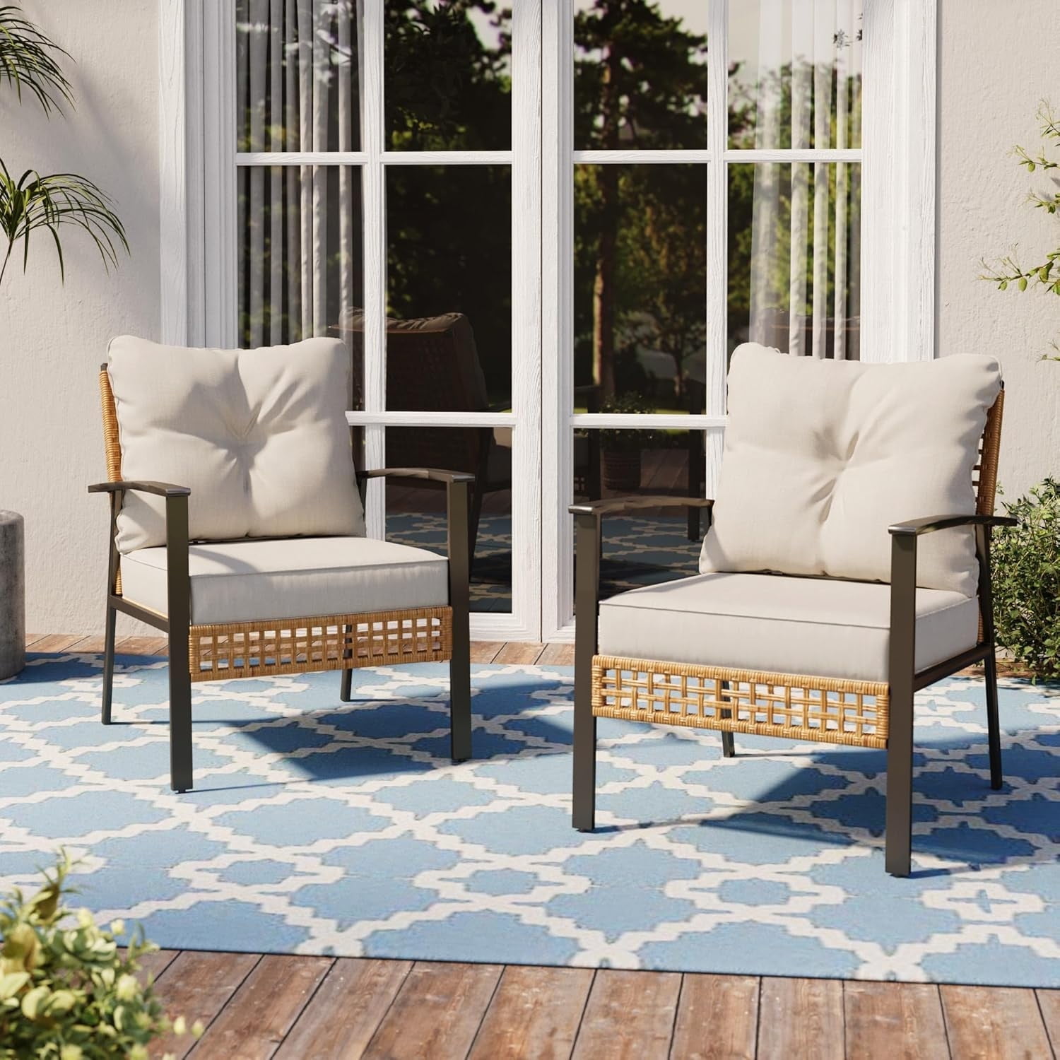 LAUSAINT HOME Outdoor Wicker Chair, Patio PE Rattan Chair with Beige Cushions, 2 PCS