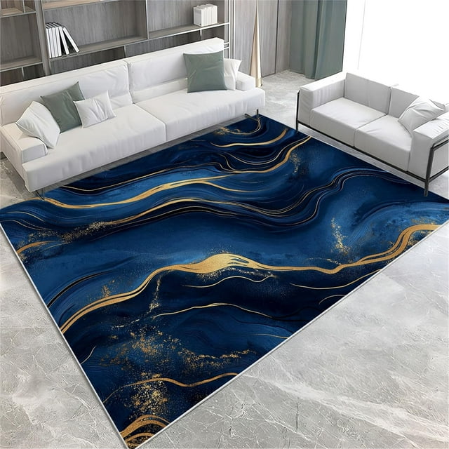Large Carpet for Living Room 8 X 10 Ft Area Rugs Abstract Marble Gold Texture Soft Low Pile Carpet, Indoor Blue Washable Rug Non-Slip for Bedroom Dining Room Office & Home Decor