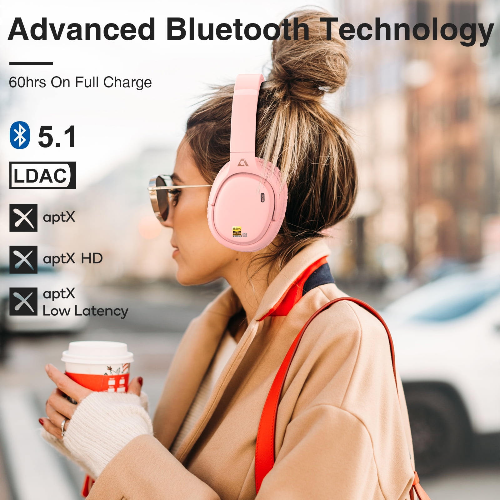 Ankbit E700 Noise Cancelling Headphones with LDAC, Wireless Bluetooth 5.1 Over Ear Headphones with Microphone, 60H Playtime, Pink
