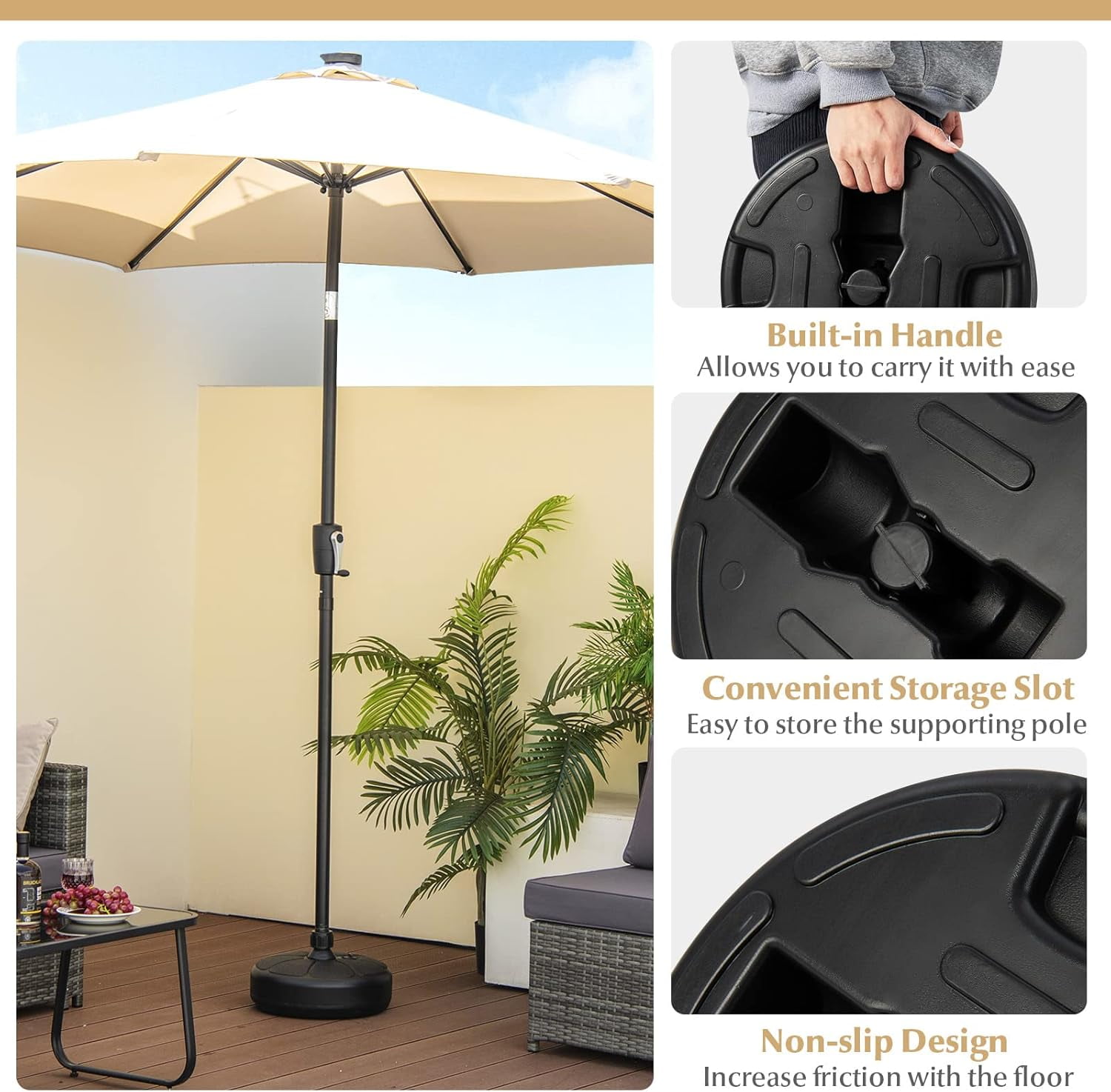 HJTER Fillable Round Umbrella Base, 40 lbs Water & Sand Filled Patio Umbrella Weight, Suitable for 1.5" Umbrella Poles, Heavy Duty Market Table Umbrella Stand for Garden, Poolside, Black