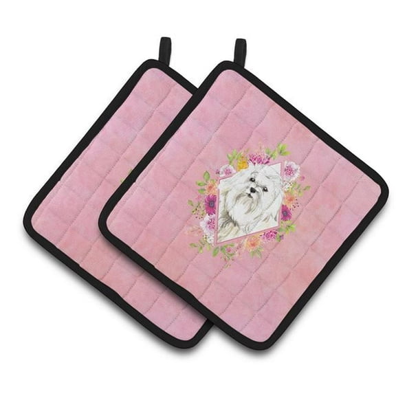 7.5 x 7.5 in. Maltese Pink Flowers Pair of Pot Holders