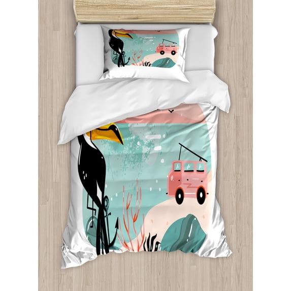 Graphic Beach Duvet Cover Set Twin Size, Abstract Composition with Van and Toucan in Underwater and Under Sky, Decorative 2 Piece Bedding Set with 1 Pillow Sham, Multicolor, by Ambesonne