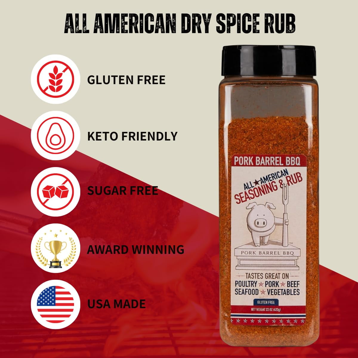 Pork Barrel BBQ All American Spice Seasoning Mix, 22 Ounce - All Purpose Rub, Gluten Free Rub , Keto Rub, No Sugar