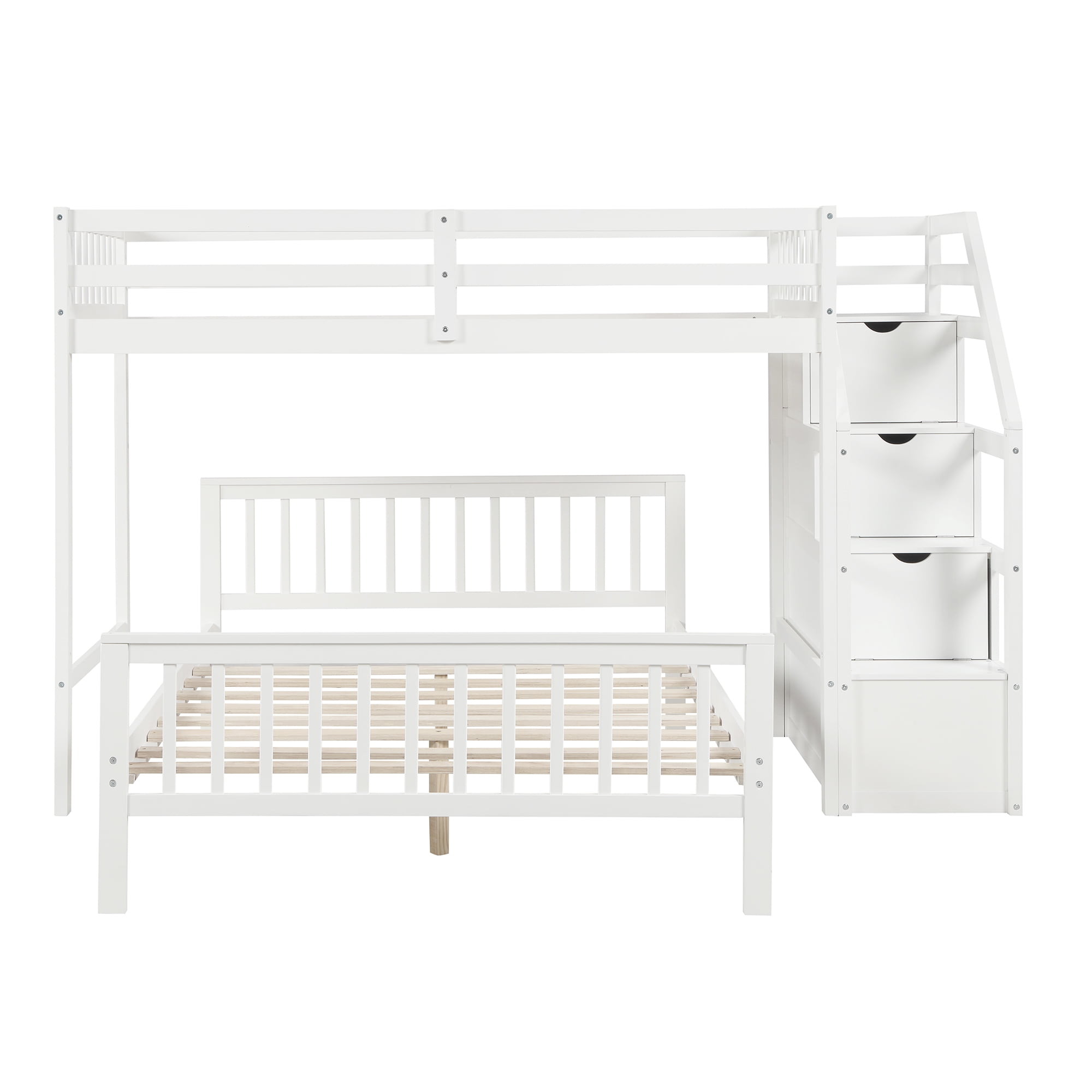 Euroco Modern Wood Twin over Full Bunk Bed, Loft Bed with Moveable Full Bed, Storage Staircase for Kids Teens Adults, White