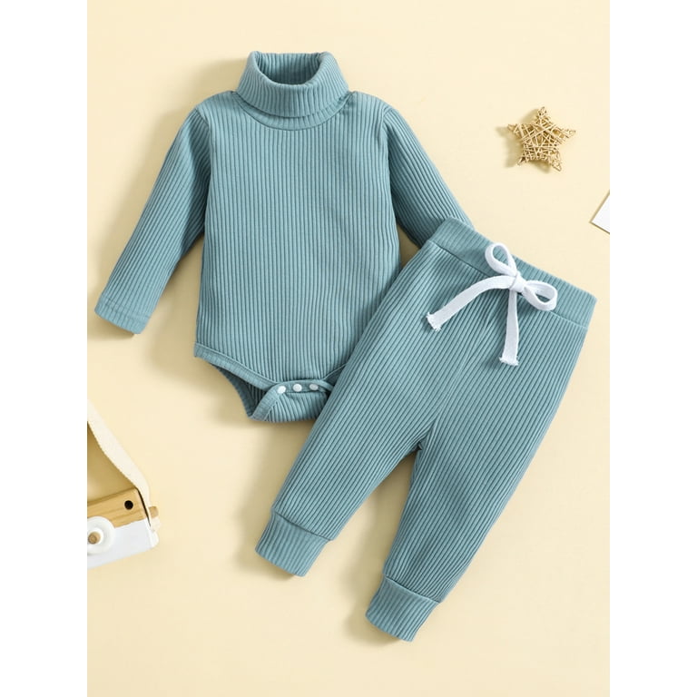 Newborn Baby Girl Boy Winter Warm 2 Pieces Outfits Ribbed High Neck Long Sleeve Romper Tops and Pants Fall Clothes Set Walmart
