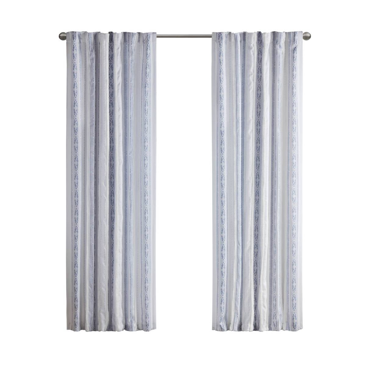 MAYEERTY 50x95" Poly Printed Curtain Panel - Tufted Stripe Lining, White/Navy