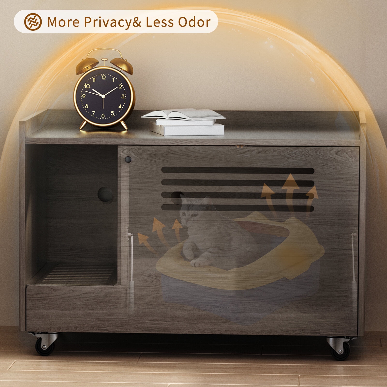 Dog Bed Gray Cat Litter Box Enclosure,Hidden Litter Box Furniture with top side fence,Wooden Pet House Side End Table, Storage Cabinet Bench for Living Room,,Bedroom, Fit Most of Litter Box,Orthopedi