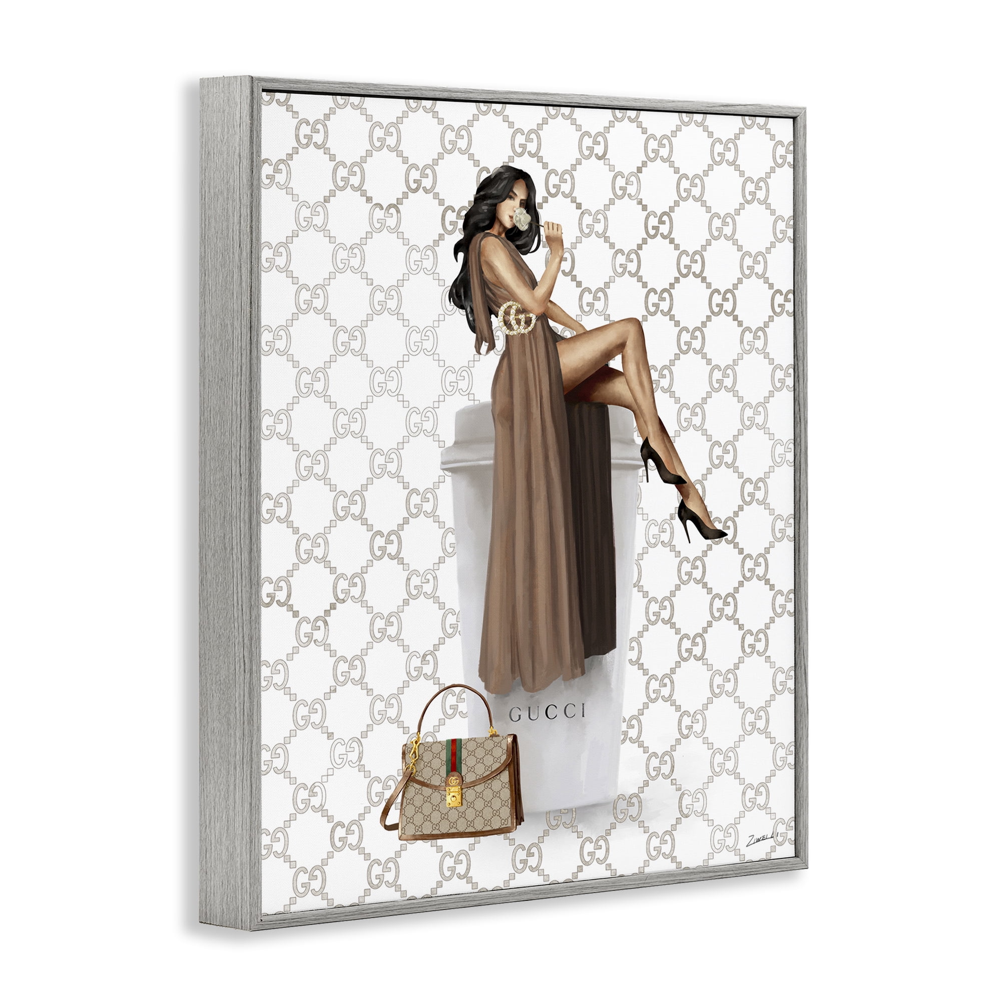 Stupell Industries Chic Woman & Coffee Beauty & Fashion Painting Gray Framed Art Print Wall Art, 24 x 30