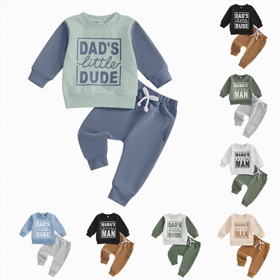 Towmus Toddler Baby Boy Letter Print Fall Clothes Set Long Sleeve Sweatshirt Tops Stretch Pants Infant Newborn Fall Winter Outfits 6 12 18 24 Months 2T, Blue, 6-12 Months