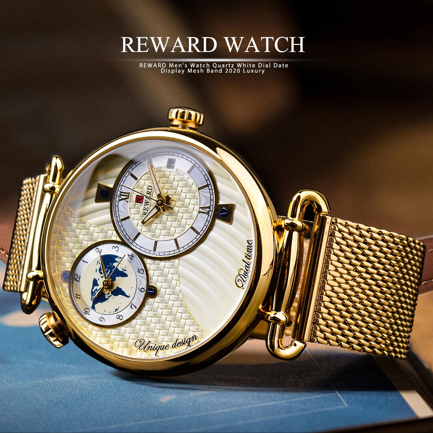 REWARD 2025 Men Watches Golden Classic Vintage Watch For Business Quartz Wristwatch With Gift Box Dual time zone, luminous, Waterproof, Calendar