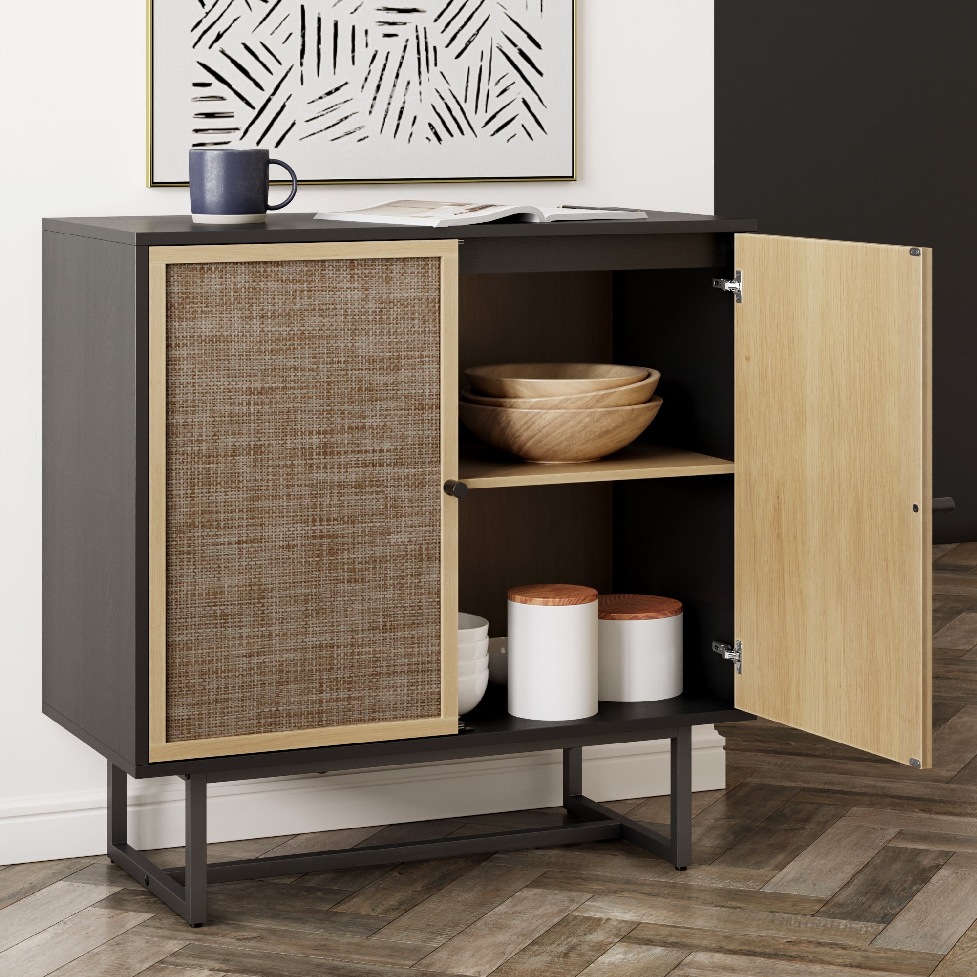 Nathan James Kova Cane Rattan Doors Accent Cabinet with Black