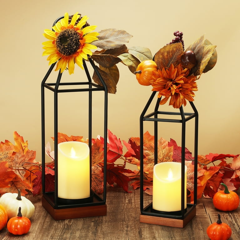 Wood and Black good Metal Lanterns (set of 2)