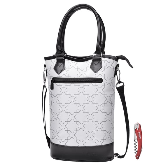 Tirrinia Wine Bag Portable Gift Tote,PU Leather Leakproof Insulated Wine Bottle Carrying Cooler Carrier with Fixed Compartment for Travel,Picnic,Party,Great Gift for Wine Lover,White