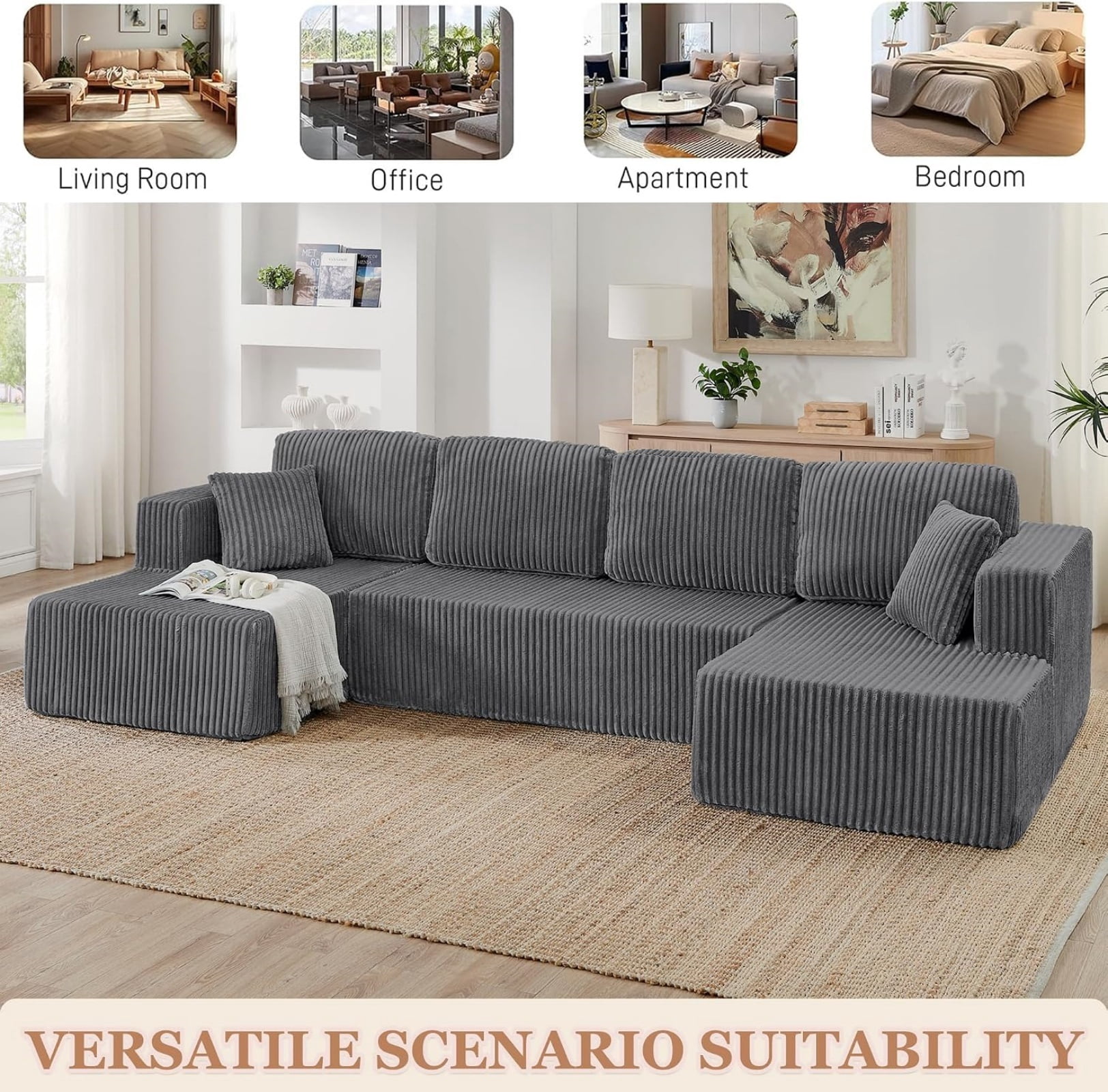 U Shape Modular Sectional Sofa with Chaise, Modern Minimalist Corduroy Couch with Sleeper Design, Comfy Space-Efficient Modular Sofa Set for Living Room, Apartment