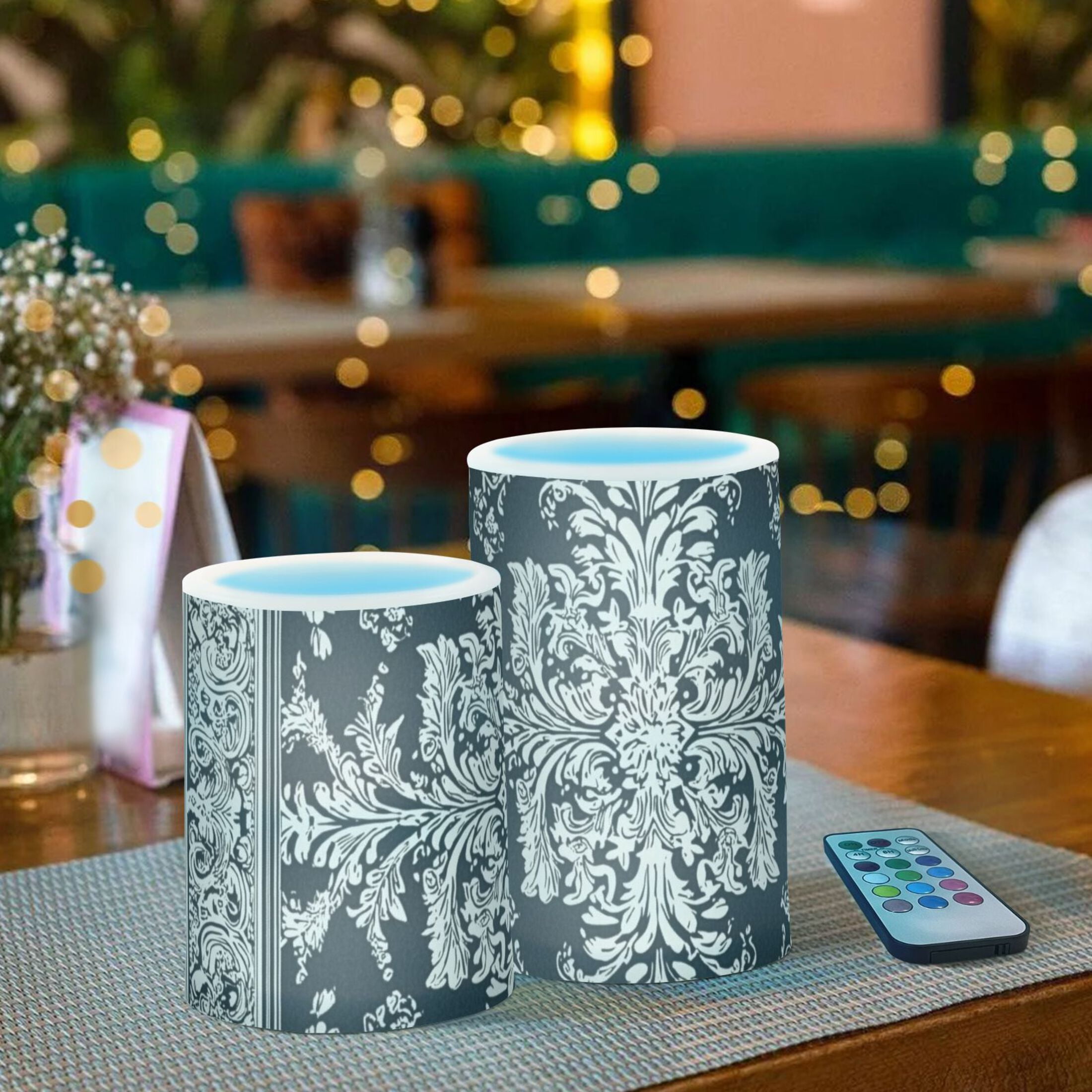 Black and White Paisley Flowers Pattern Flickering Flameless Candles LED Tealight Battery Operated with Remote Set of 2 Holiday Decor Ornaments