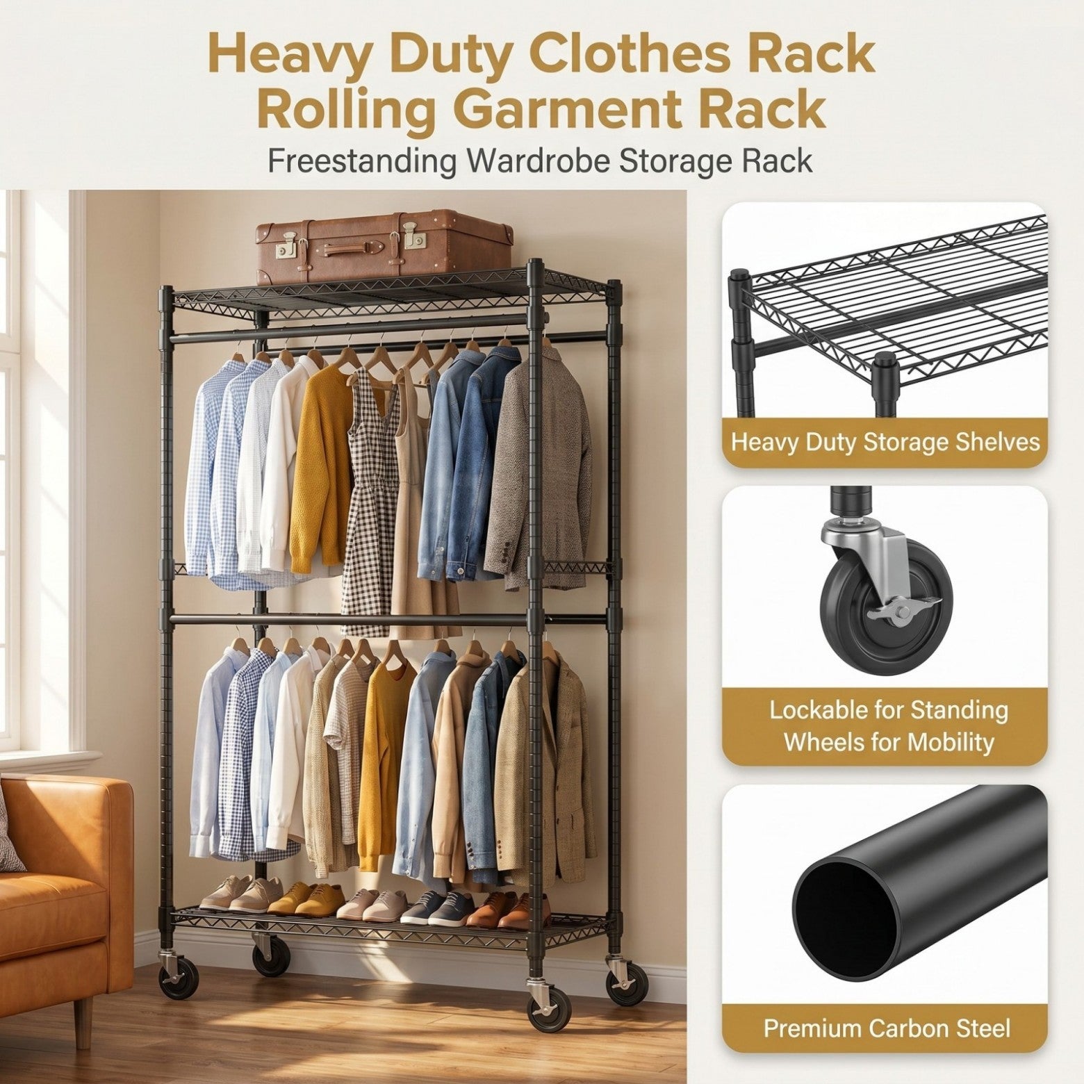 Sailvan Heavy Duty Rolling Clothing Rack, 580LBS Capacity Garment Rack with 4 Hanging Rods & 2 Shelves, Portable Closet, 45"W x 80"H,Black
