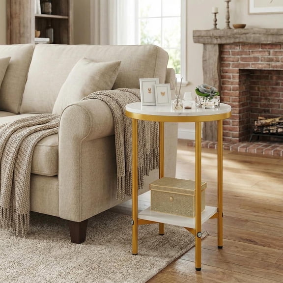 Resenkos 2-Tier Round Coffee Table with Open Storage Shelf, Compact Stylish Center Table for Living Room & Modern Home, White & Gold