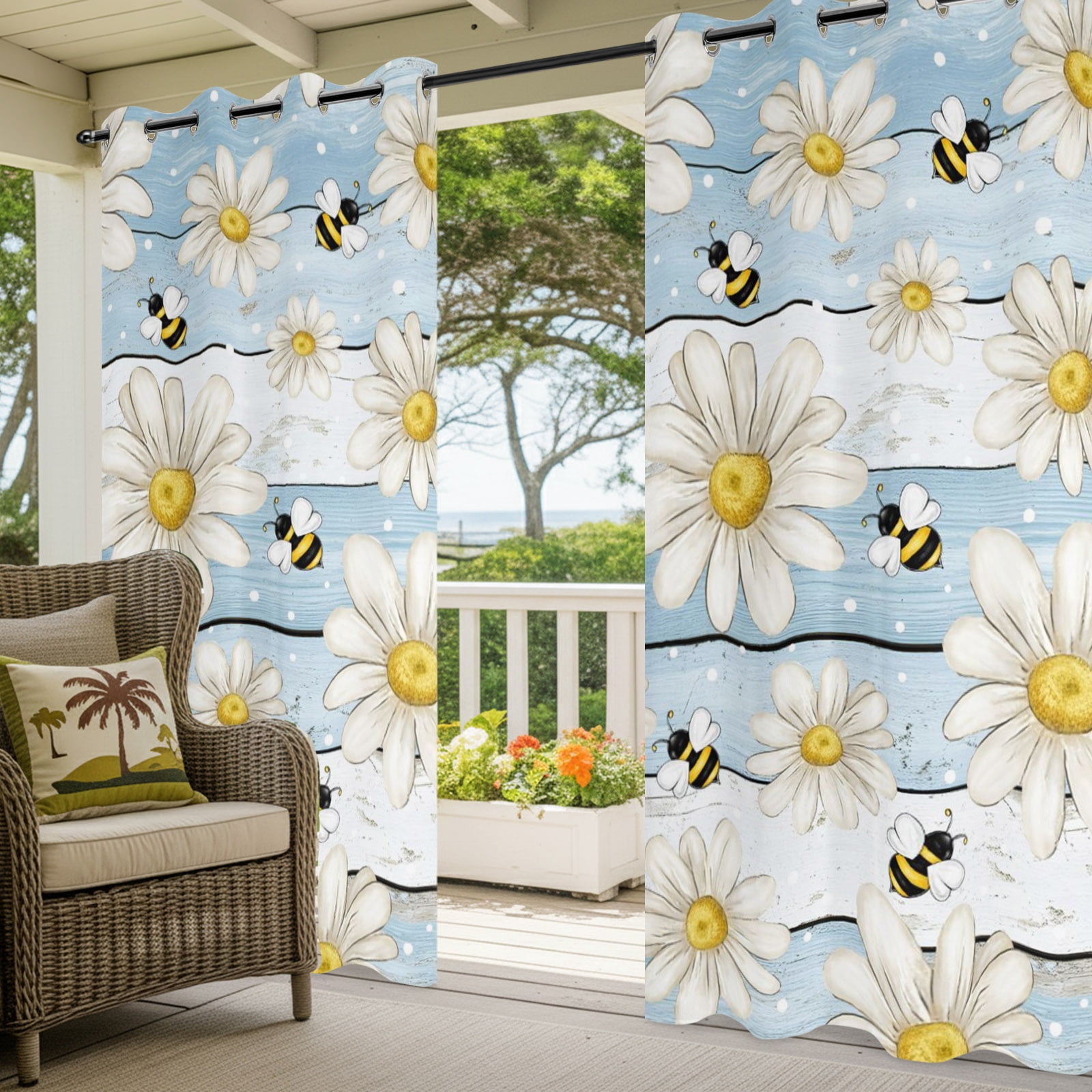 White Floral Outdoor Curtains for Patio, Vintage Daisy Farmhouse Bee Rustic Summer Blue Striped Sunshade Privacy Drapes Grommet Waterproof Outside Curtains for Porch/Cabana/Balcony 54"x 108", 1 Panel