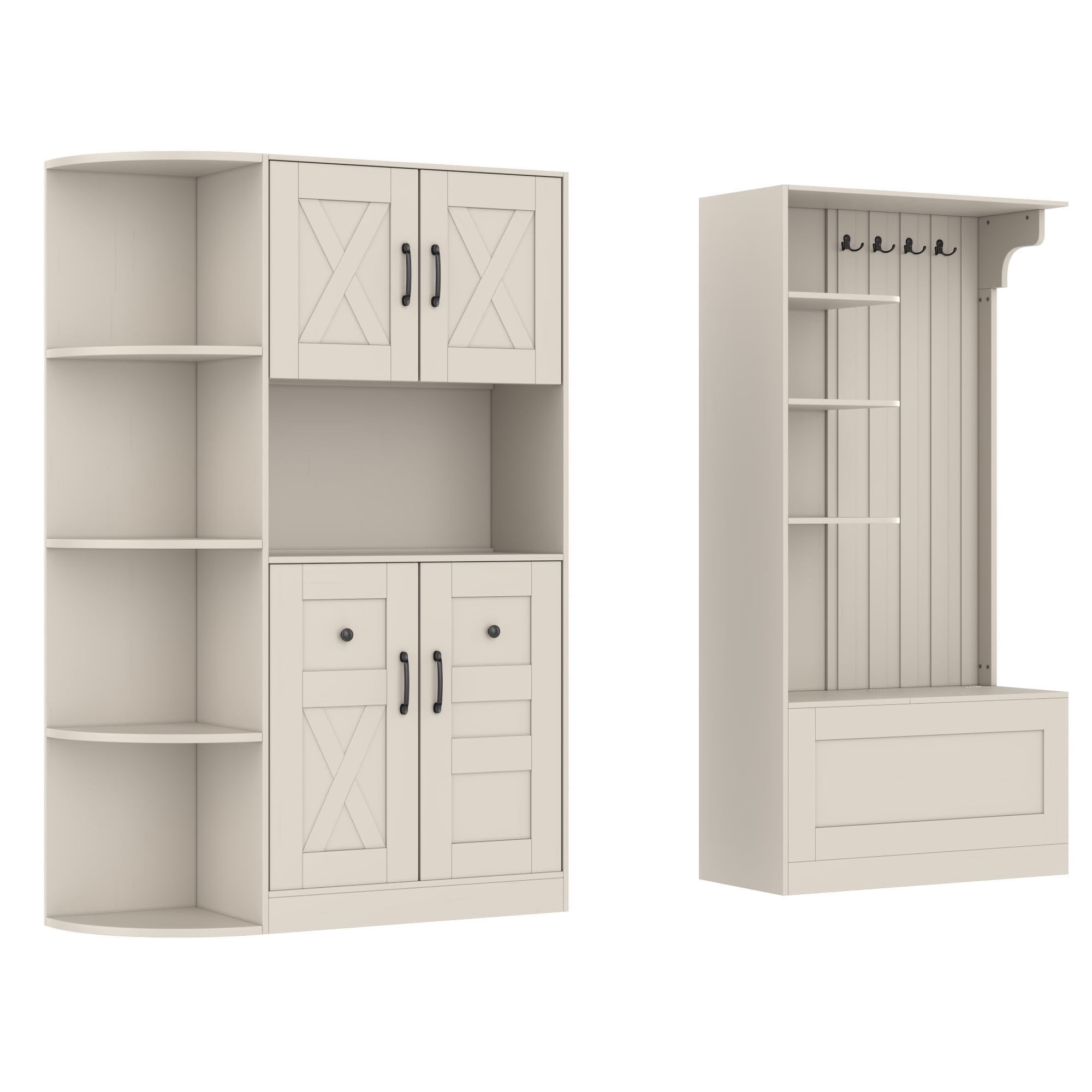 T-Foyer Farmhouse Beige Detachable Hall Tree with 4 Hooks & Bench, Wooden Rustic Entryway Organizer with Open Storage & 2 Cabinets