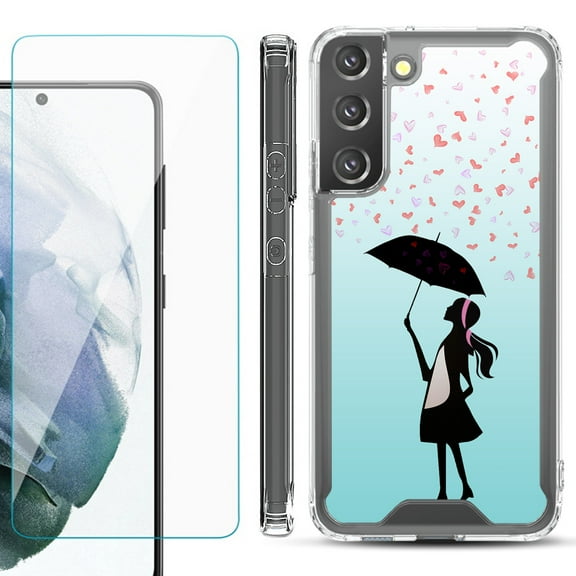 Shockproof Bumper Phone Case for Samsung Galaxy S22 5G, with Tempered Glass Screen Protector, by OneToughShield ® - Rain/Hearts