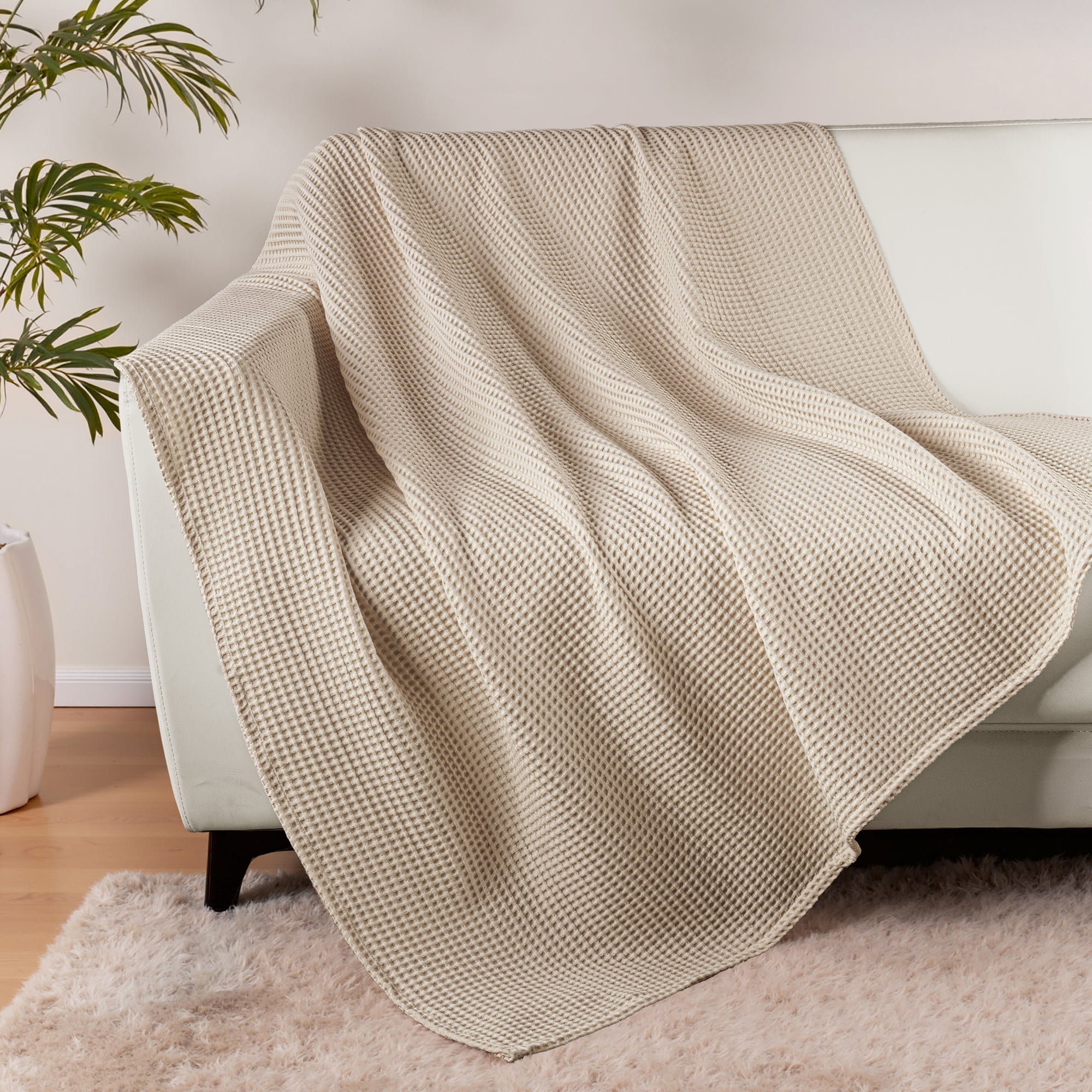Exclusivo Mezcla 100% Cotton Waffle Throw Blanket for Couch, Sofa, Lightweight and Breathable Gauze Muslin Blanket for Summer, Moisture-Wicking, Home Decor, 50"x70", Khaki