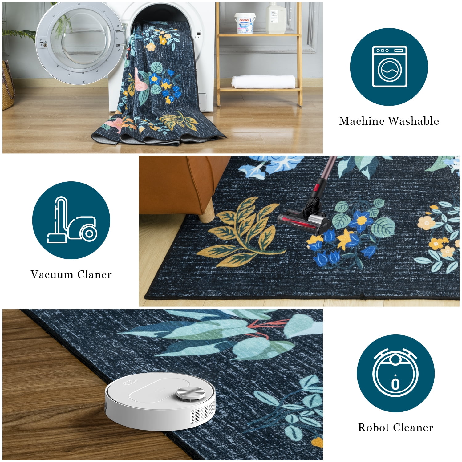 Wondo 4x6 Washable Floral Rug, Bright Floral Pattern Bohemian Rug for Bedroom, Low Pile Non-Slip Decorative Rug for Living Room, Kids Room, Office, Dining Room, Navy Blue