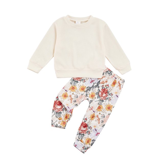 Baby Girls Long Sleeve Solid Color Waffle Pullover Tops+Long Pants Flower Printed
