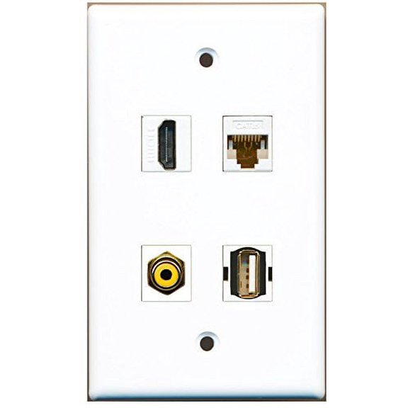 RiteAV - 1 Port HDMI 1 Port RCA Yellow 1 Port USB A-A 1 Port Cat6 Ethernet White Wall Plate