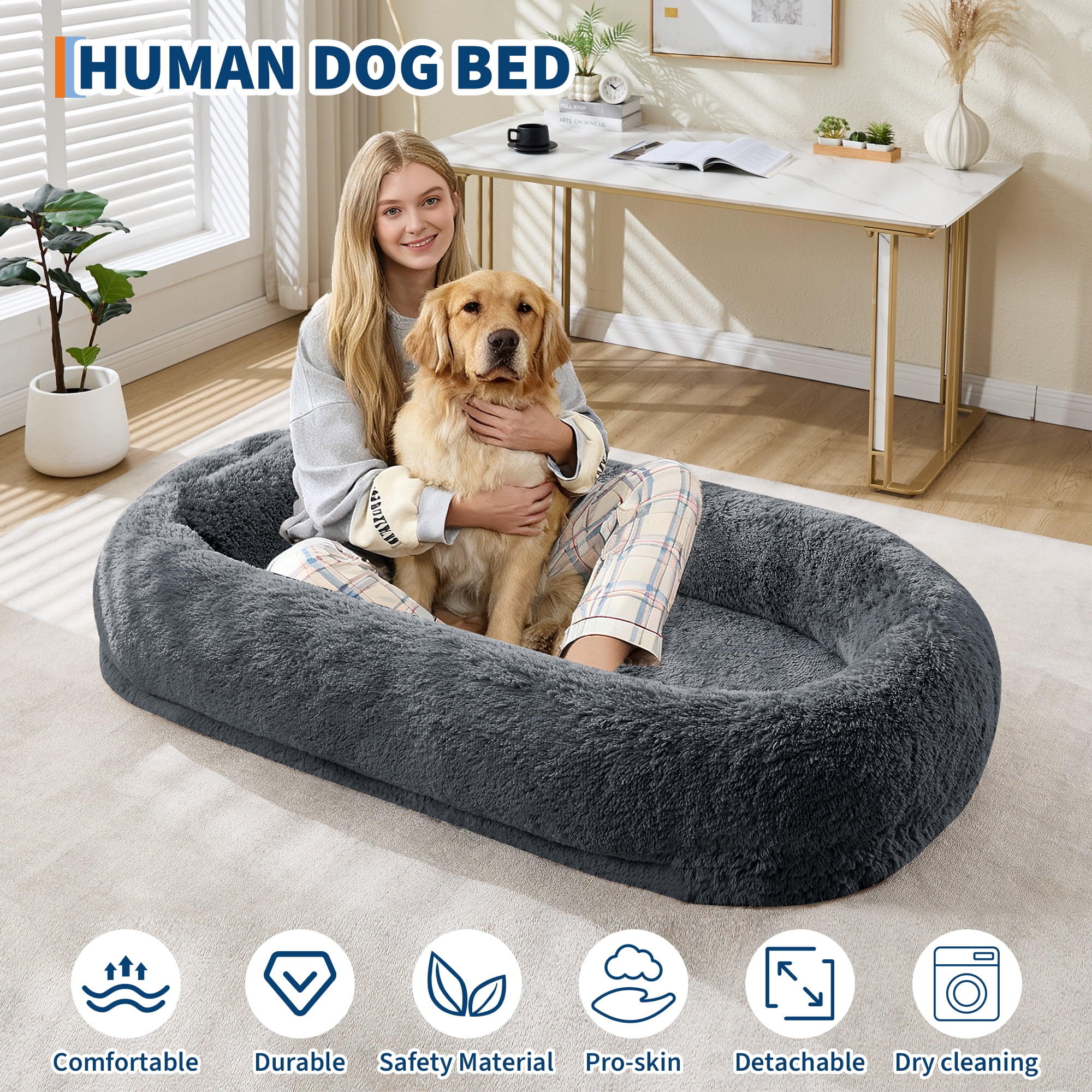 Huisuilinss 67" Human Dog Bed For Adult & Pets,Removable Faux Fur Dog Bed With Pillow,Side Pockets,Egg-Shaped Orthopedic Foam,Human Sized Dog Bed For Living Rooms Bedrooms Offices