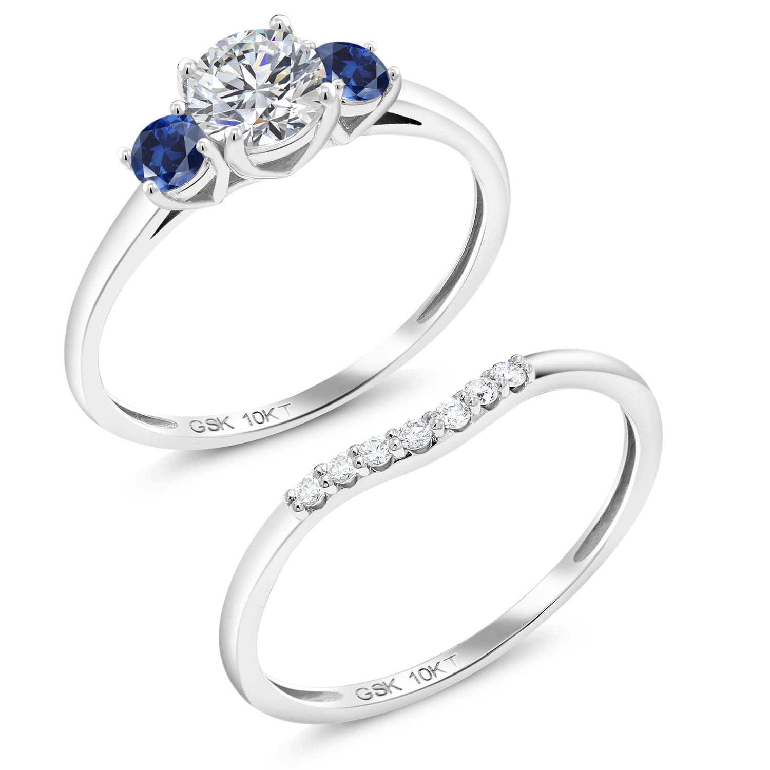 Gem Stone King 10K White Gold Lab Grown Diamond and Blue Created Sapphire Bridal-Sets Ring for Women | 0.84 Cttw | Round 5MM | Wedding Engagement Anniversary Promise Ring for Women | Size 8