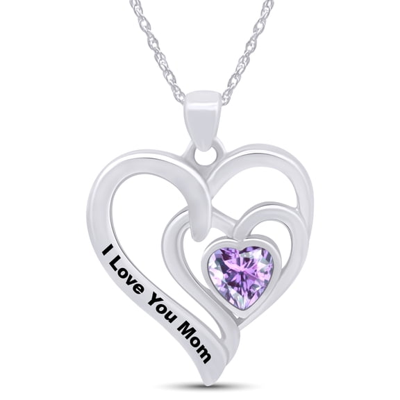 AFFY Heart Cut Simulated Alexandrite " I LOVE YOU MOM " Double Heart Pendant Necklace In 14k White Gold Over Sterling Silver