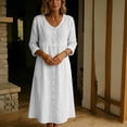 thumbnail image 3 of Ohufall Women Dresses Cotton Linen Button Crew Neck Long Sleeve Dress Pleated Loose Comfort Casual Maxi Dress, 3 of 6