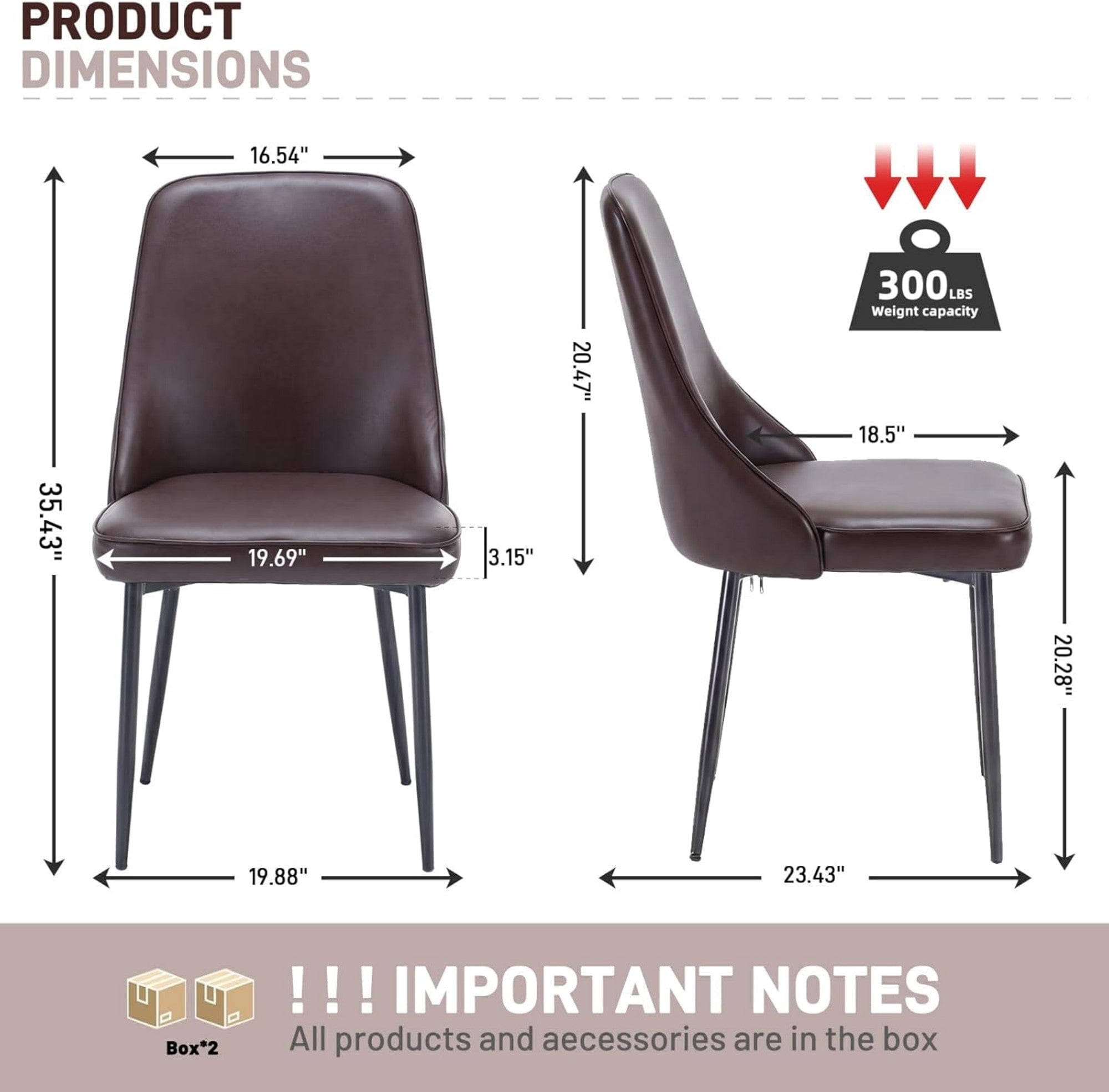 Sailvan Modern Dining Chairs Set of 4,Faux Leather Upholstered Kitchen Chairs with Ergonomic Curved Back and Metal Legs,Waterproof Side Chairs for Dining Room Brown