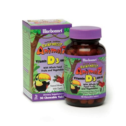 Bluebonnet Nutrition Super Earth Rainforest Animalz Vitamin D3 400 IU Chewables, Mixed Berry, 90 ct