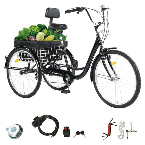 TUOKE Versatile 26-Inch 3-Wheel Adult Tricycle with 7-Speed Transmission and storage Basket for Ultimate Convenience and Utility (BLACK)