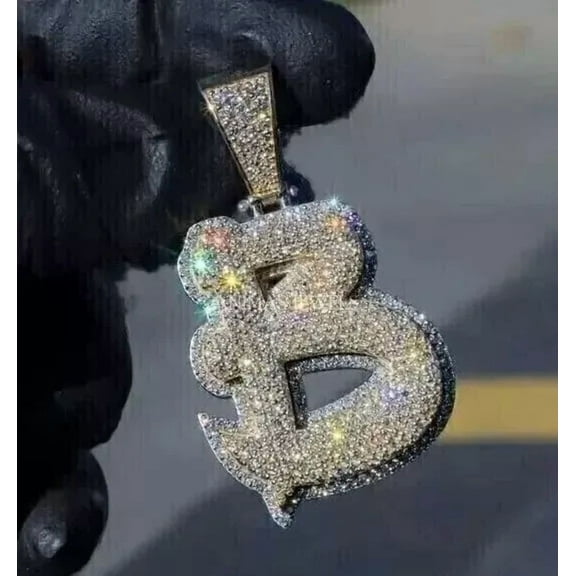 4TCW Round Cut Lab Created Diamond Men's B Initial Letter Pendant in 14K White Gold Plated 2 inch