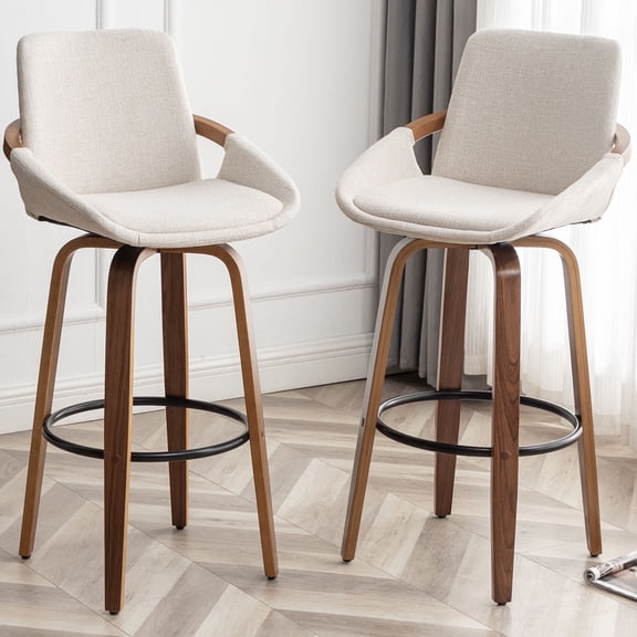 FOWEOAIU Bar Stools Fabric Upholstered Adjustable Swivel Counter Stool 26",with Footrest for Bar, Kitchen Island, Bistro, Beige (Set of 2)