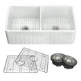 thumbnail image 5 of 33"x18" White Fireclay Farmhouse Double Basin Kitchen Sink with Basket Strainer and Bottom Grid, 5 of 7