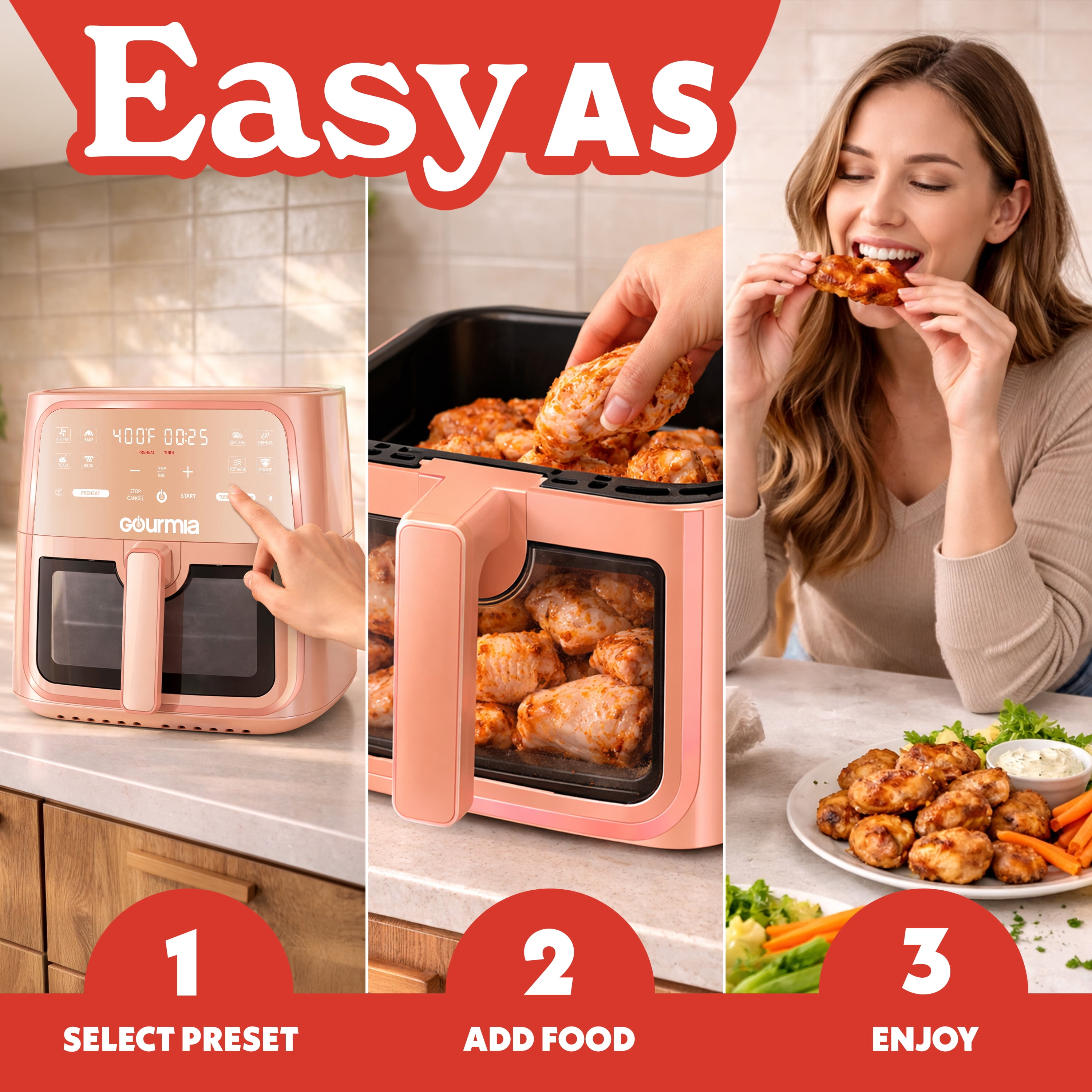 Gourmia 8 Qt Air Fryer, 8 Presets with Digital Display, FryForce 360° Technology, Easy View Window & Interior Light, Dishwasher Safe Basket, Peach
