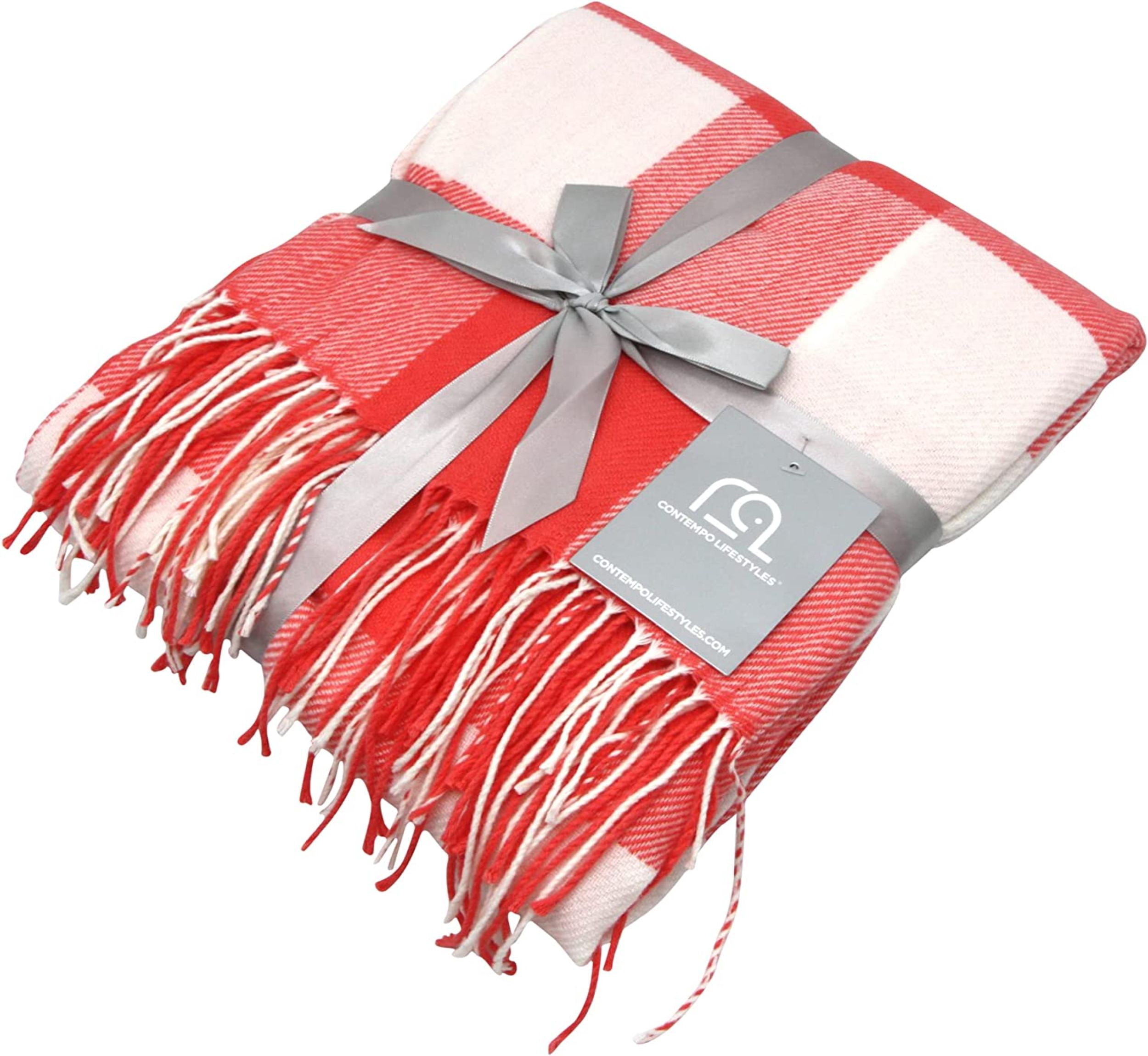 Buffalo Plaid Throw Blanket by Contempo Lifestyles – 50 x 70 Inch Decorative Classic Blanket – Comfortable and Ultra-Soft – Ideal for Living Room, Couch, Travelling, (Coral/Ivory)