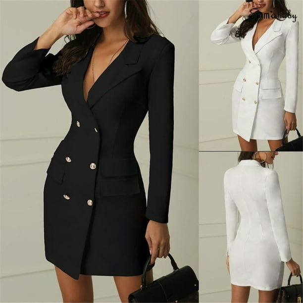 Women Formal Solid Long Blazer Coats Double Breasted Turn Collar Gold  Button Blazer Office Lady Blazers