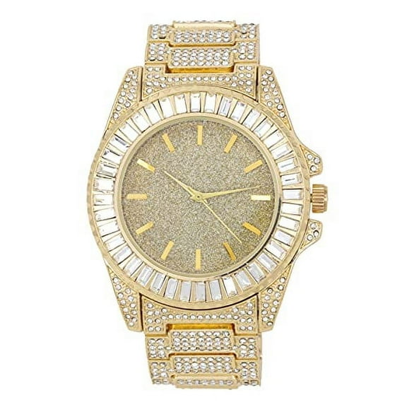 Charles Raymond Baguette Cut Diamond Crystal Blinged Out Mens Hip Hop Iced Out Wristwatch - No Reasonable Doubt This is The Timepiece to Flaunt The Wealth - ST10372 (Gold Metal Gold)