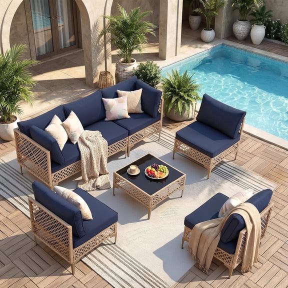 Ainfox 7-Piece Wicker Patio Furniture Set, 1000h UV-Resistant Rattan Sectional with 3.35" Thick Cushion & Tempered Glass Coffee Table, Blue for Porch/Backyard