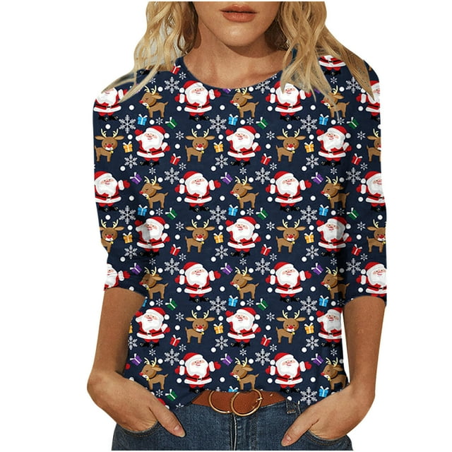 Hauts à Manches 3/4 pour Femmes Mode Féminine T-Shirt Imprimé Noël Blouse à Manches 3/4 Col Rond Hauts Décontractés Hauts à Col Haut pour Femmes Hauts à Manches 3/4 T-Shirts pour Femmes Mode