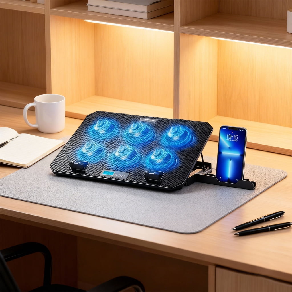 Laptop Cooling Pad LED Gaming Laptop Cooling 6 Quiet Fan Adjustable Height Stand with 2 USB Port Phone Holder
