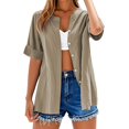 thumbnail image 4 of Yubnlvae Short Sleeve Linen Shirt - Women's Collarless Button-Down Top, Breathable Casual Oversized T-Shirt Style Blouse (Khaki | 3XL), 4 of 5