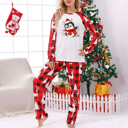 

Blueek Parent-Child Warm Christmas Set Printed Home Wear Pajamas Two-Piece Mom Set